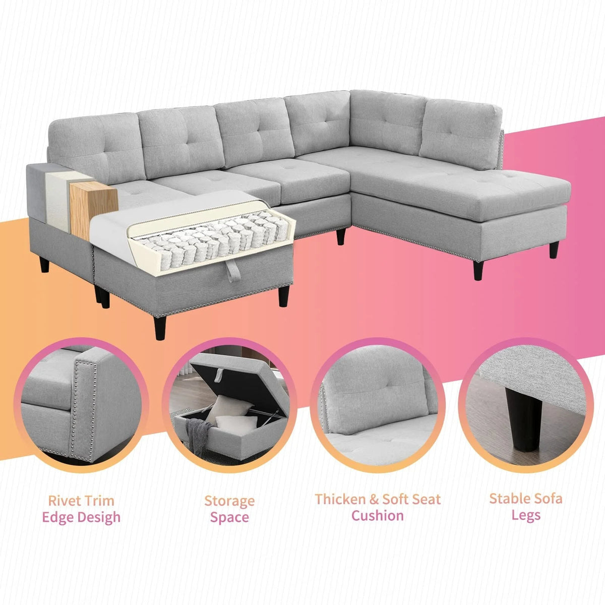 Light Grey L-Shaped Sectional Sofa with 2 Cup Holders and Storage Ottoman W843
