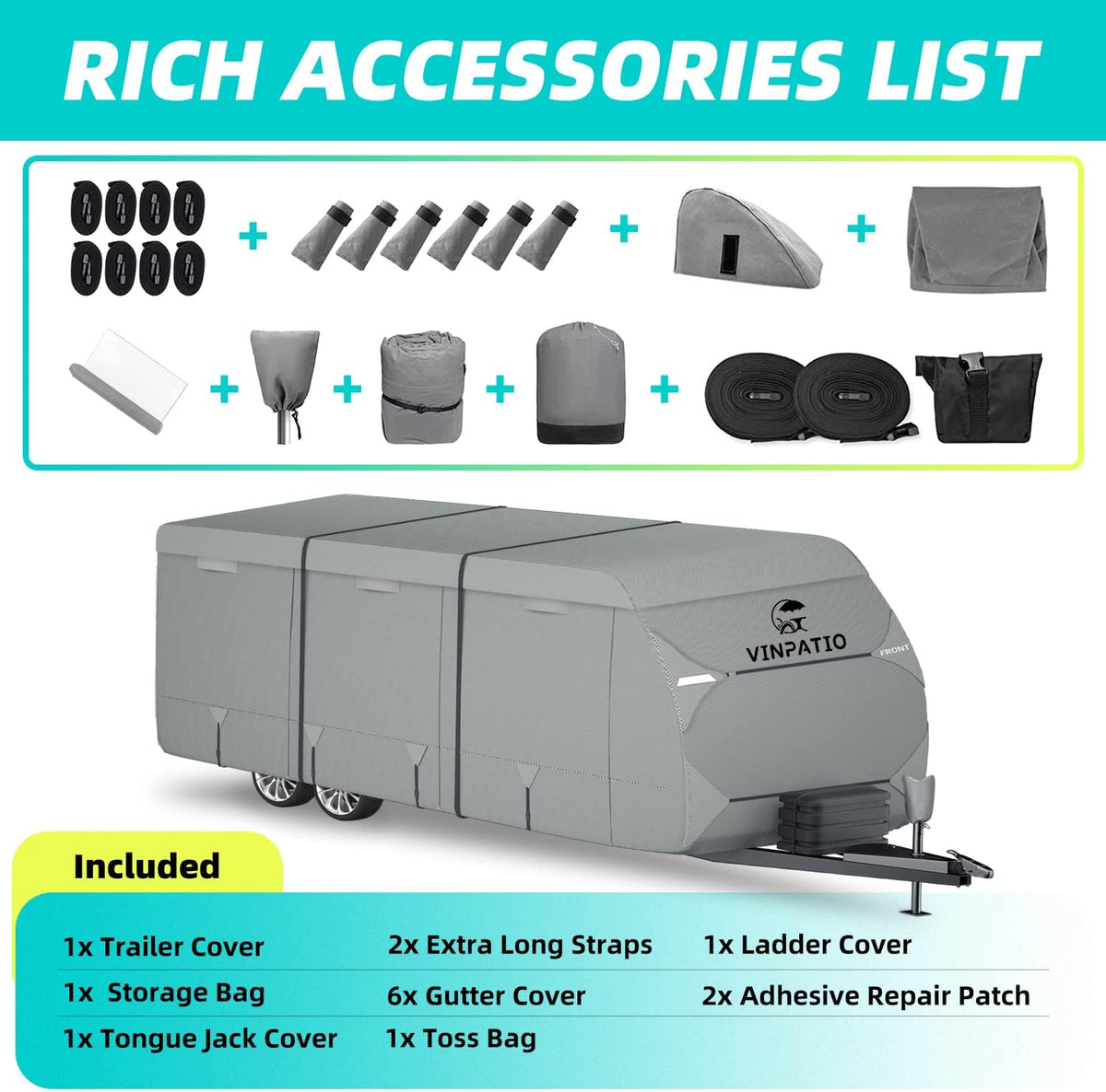 Travel Trailer Cover, 6 Layers Top RV Cover, Fits 27'-30' RV, with 1 Tongue Jack Cover, 2 Extra Straps, 6 Gutter Covers A163