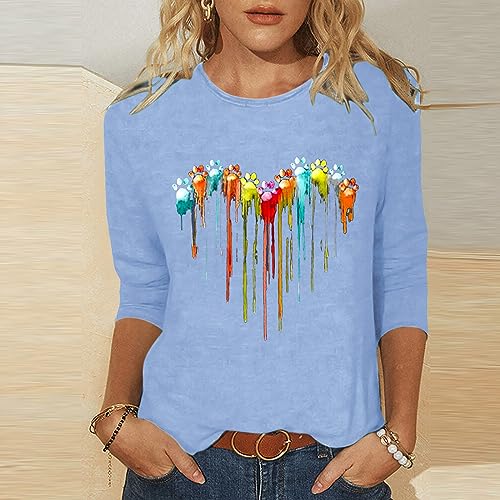 Women Love Heart Printed 3/4 Sleeve Round Neck Tee Q713389