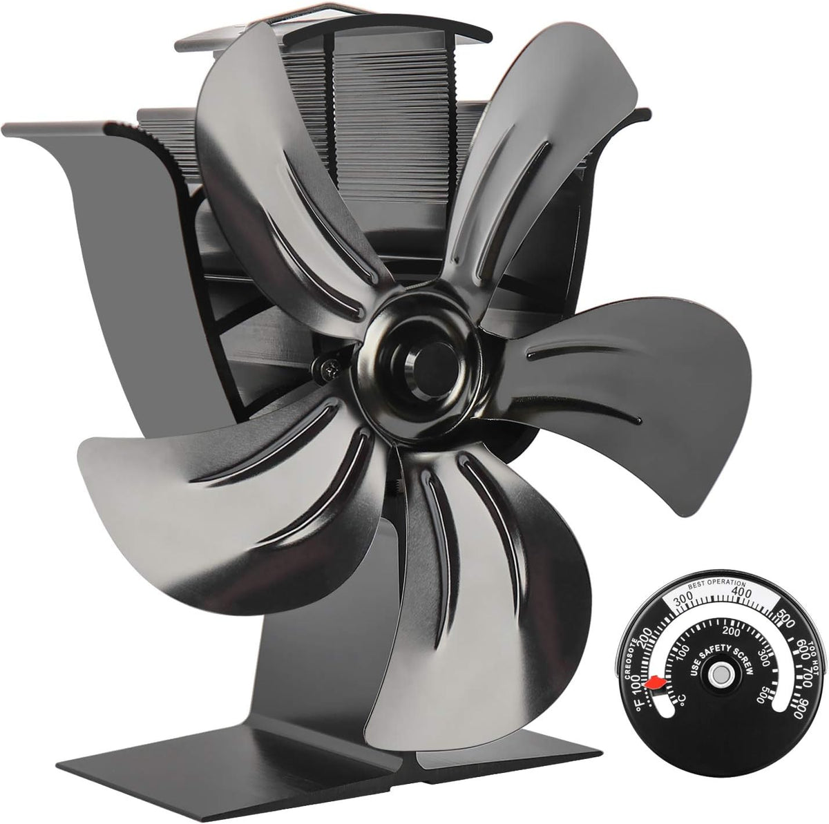 5 Blades Heat Powered Stove Fan with Magnetic Thermometer Aluminium Silver Pack of 2 J361897