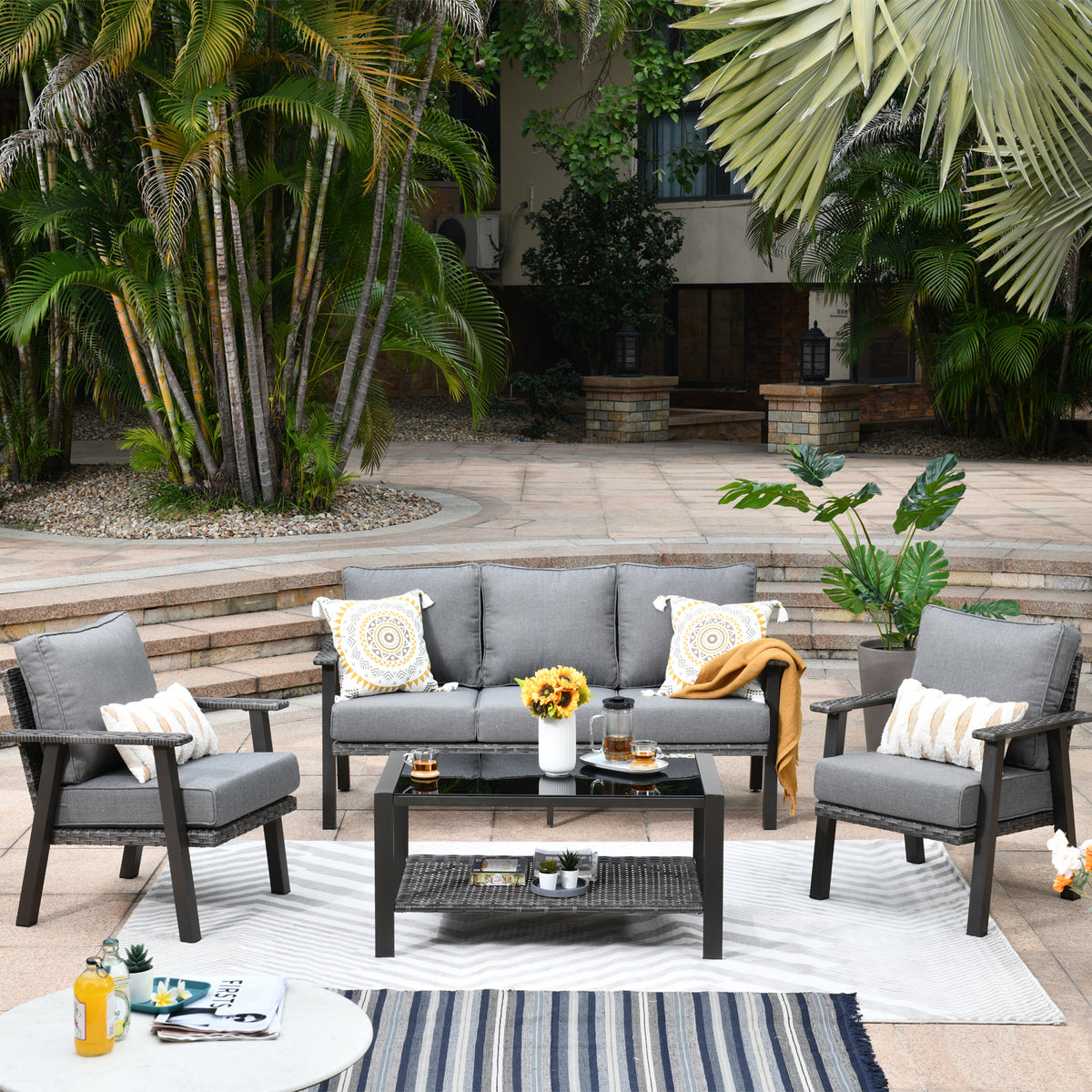 4 Piece Outdoor Wicker Sectional Sofa with 5" Cushions R812857