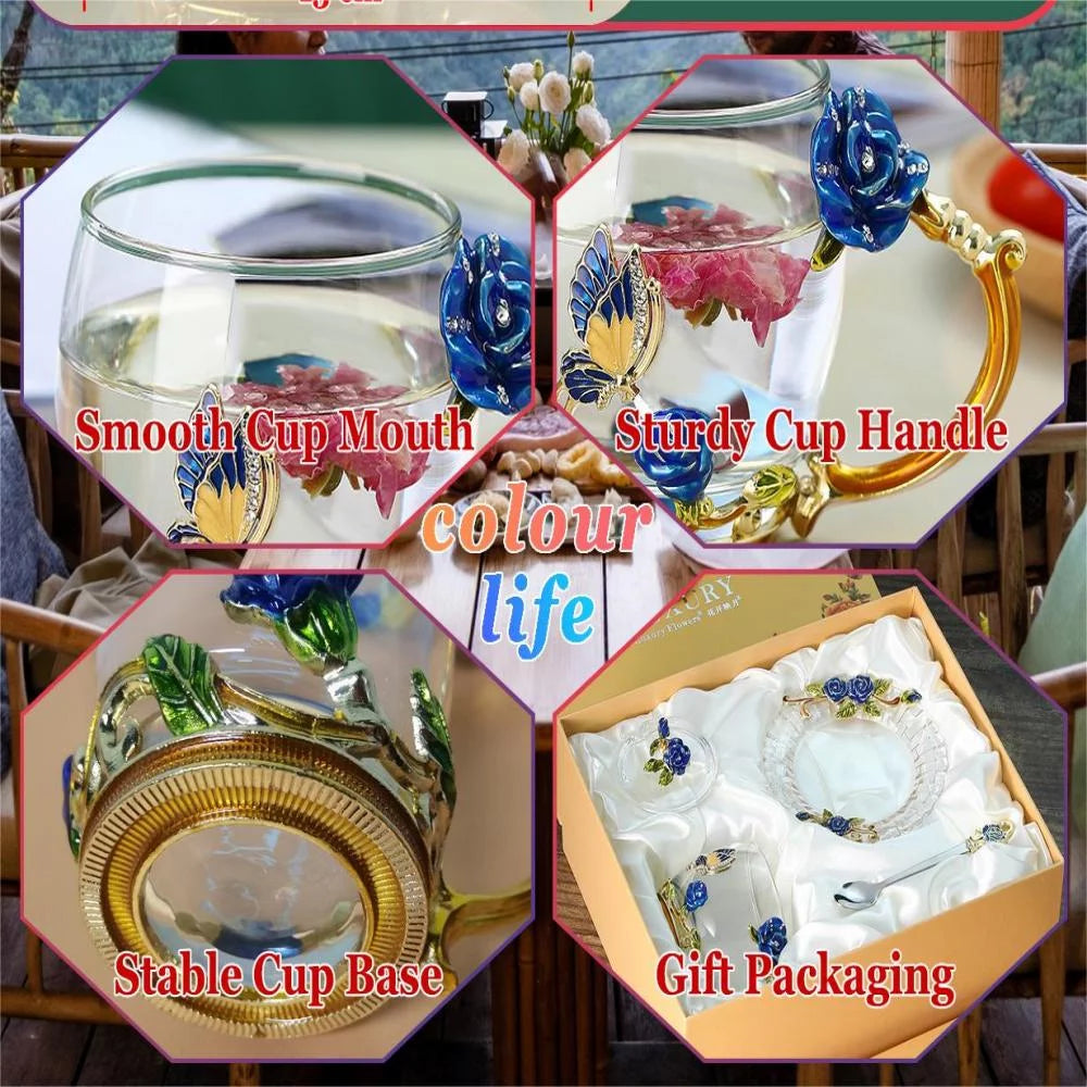 Blue Rose Enamel Glass Tea Cup Set with Lid, Coaster and Spoon (320ml) A845