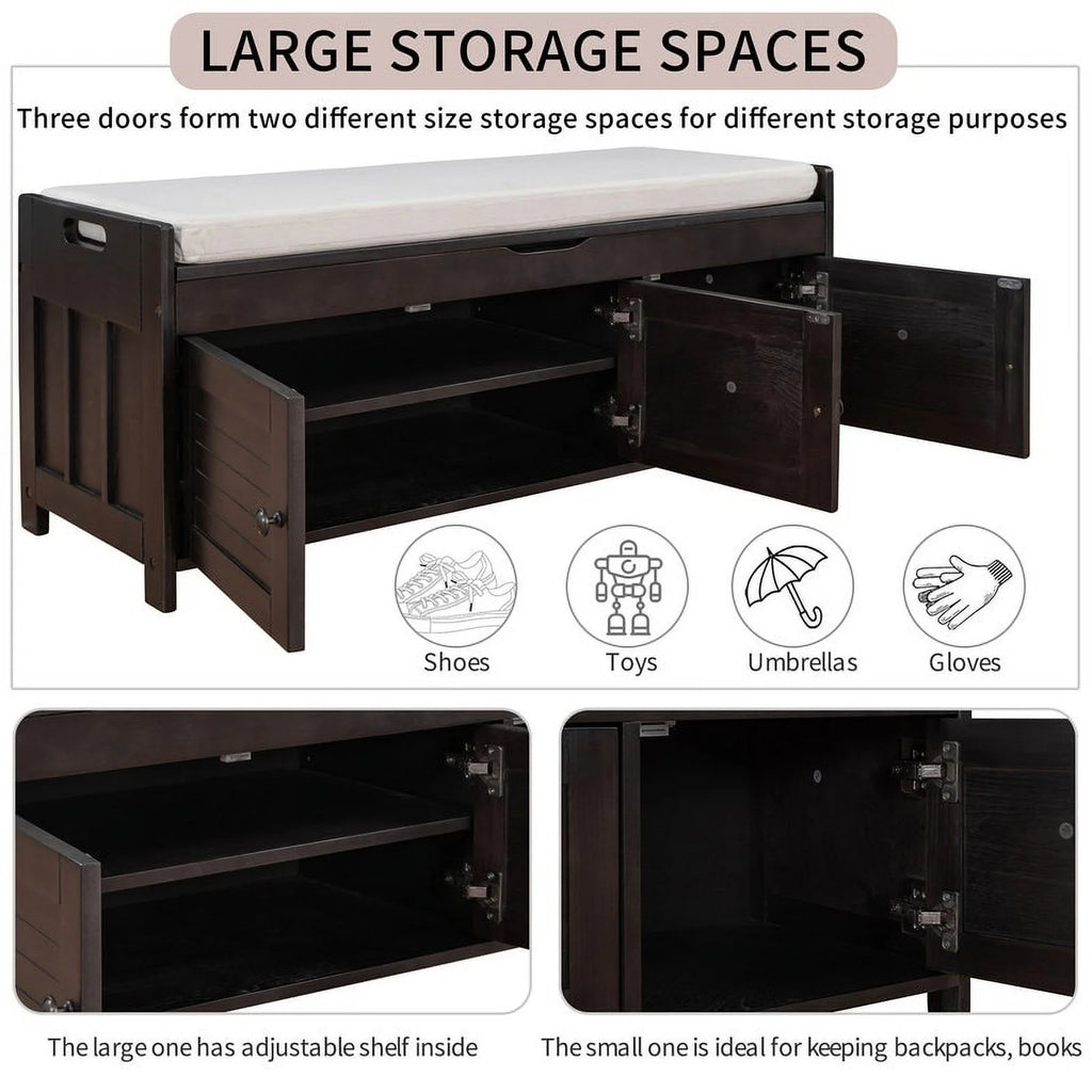 Espresso Wooden Shoe Storage Stool with Cushioned Bench A17097
