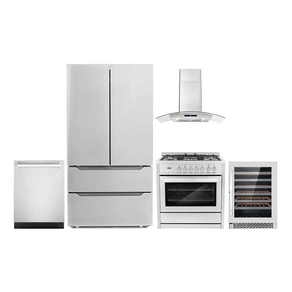36 Dual Fuel Range, Wall Mount Range Hood, Dishwasher, Refrigerator with Ice Maker and Wine Cooler T9727