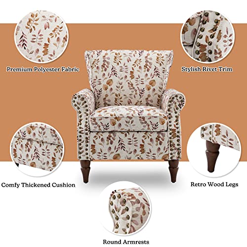 Blue Floral Pattern Upholstered Accent Chair with Wood Legs X930000