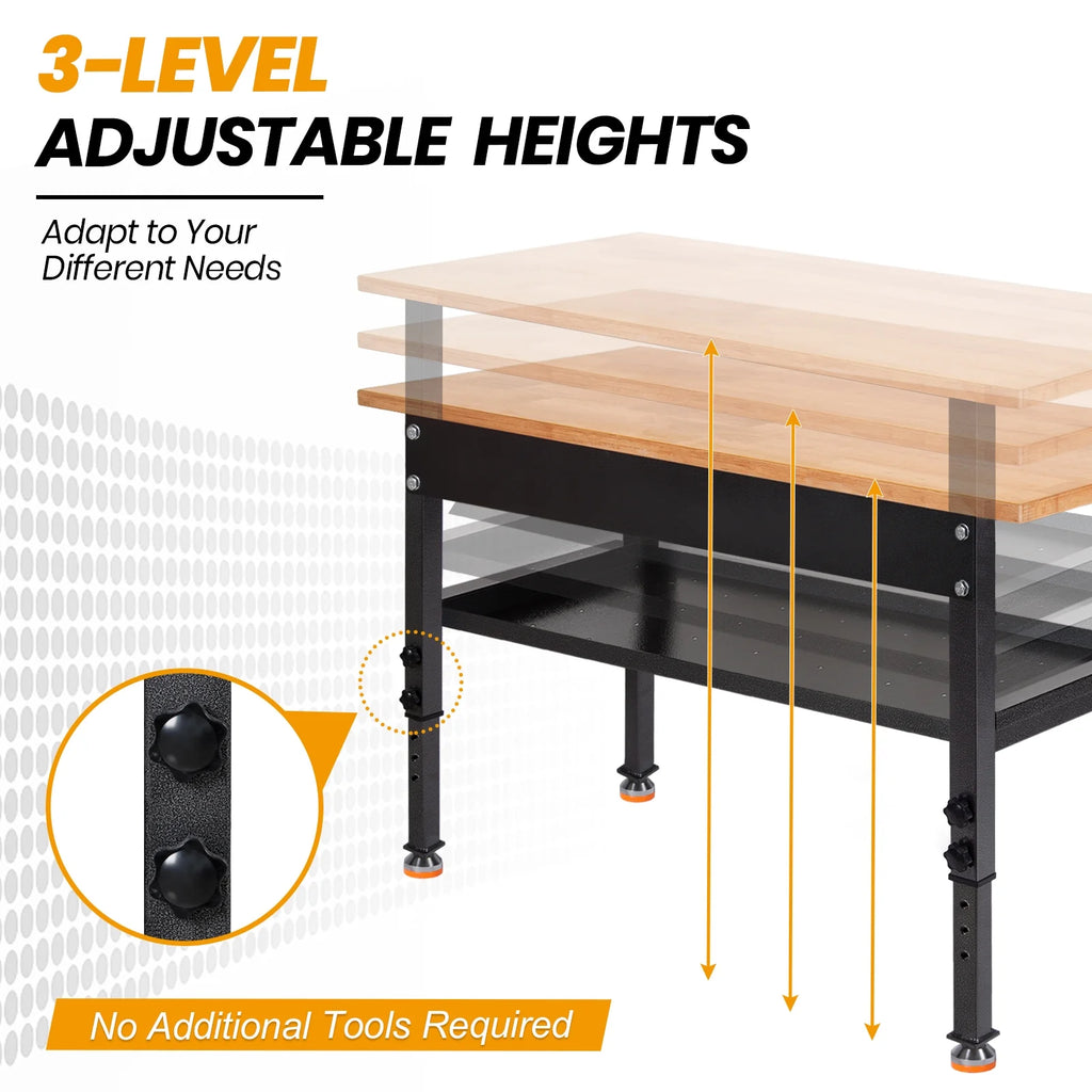 48" Adjustable Heavy-Duty Workbench with Rubber Wood Top X27730