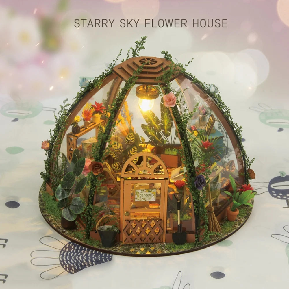 DIY Miniature Dollhouse Kit Wooden Flower Green House with LED Light N810