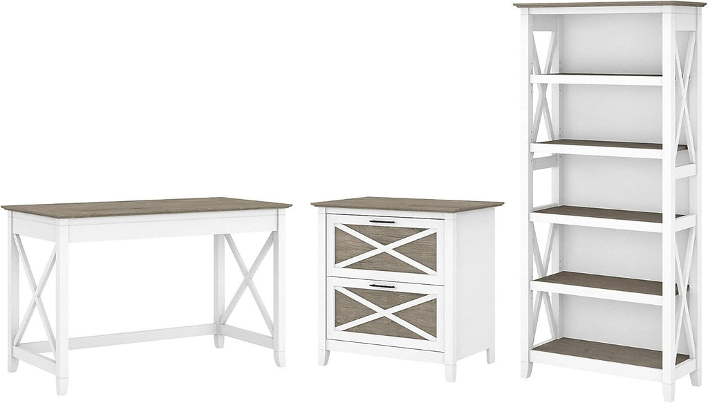 Dark Gray Hickory Writing Desk with 2 Drawer Lateral File Cabinet and 5 Shelf Bookcase T76788