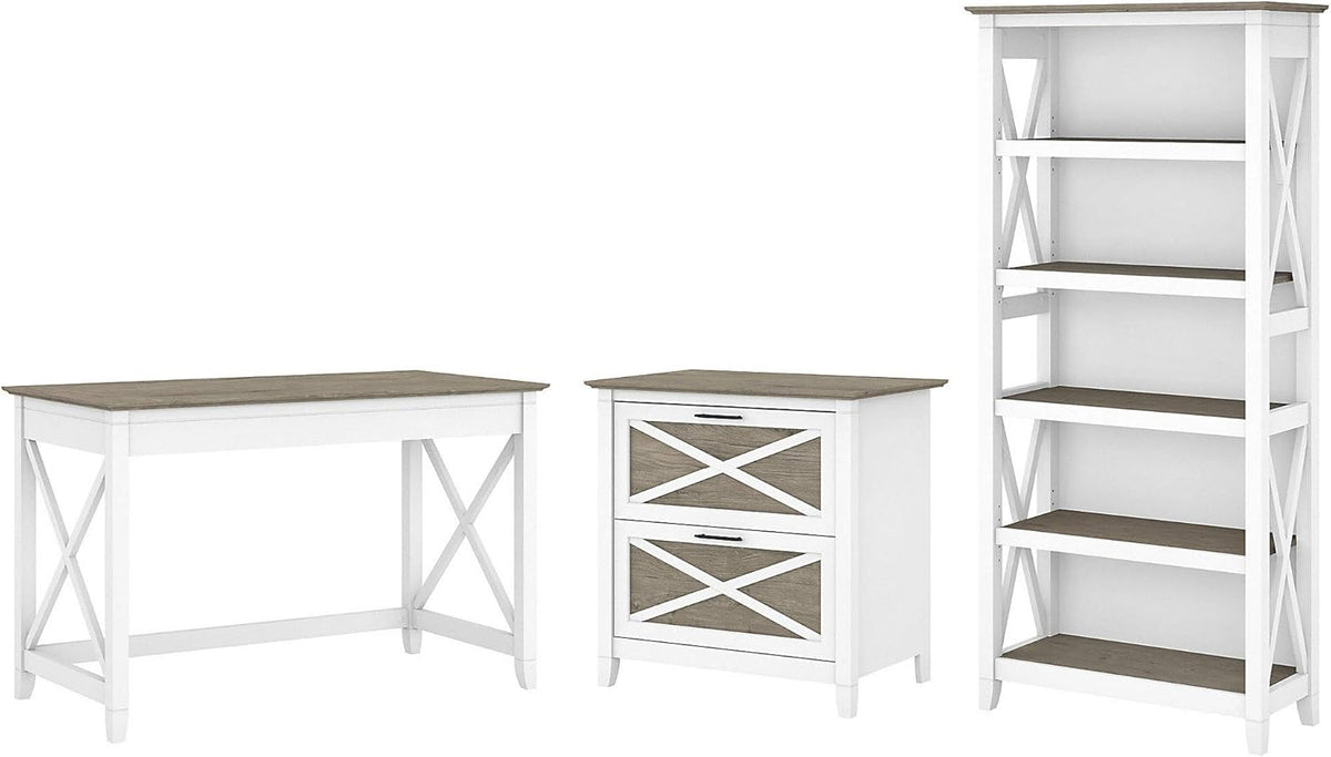Dark Gray Hickory Writing Desk with 2 Drawer Lateral File Cabinet and 5 Shelf Bookcase T76788