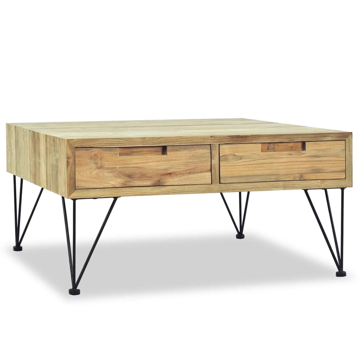 Coffee Table with 2 Storage Drawers Teak Wood Wrought Iron Legs U64634