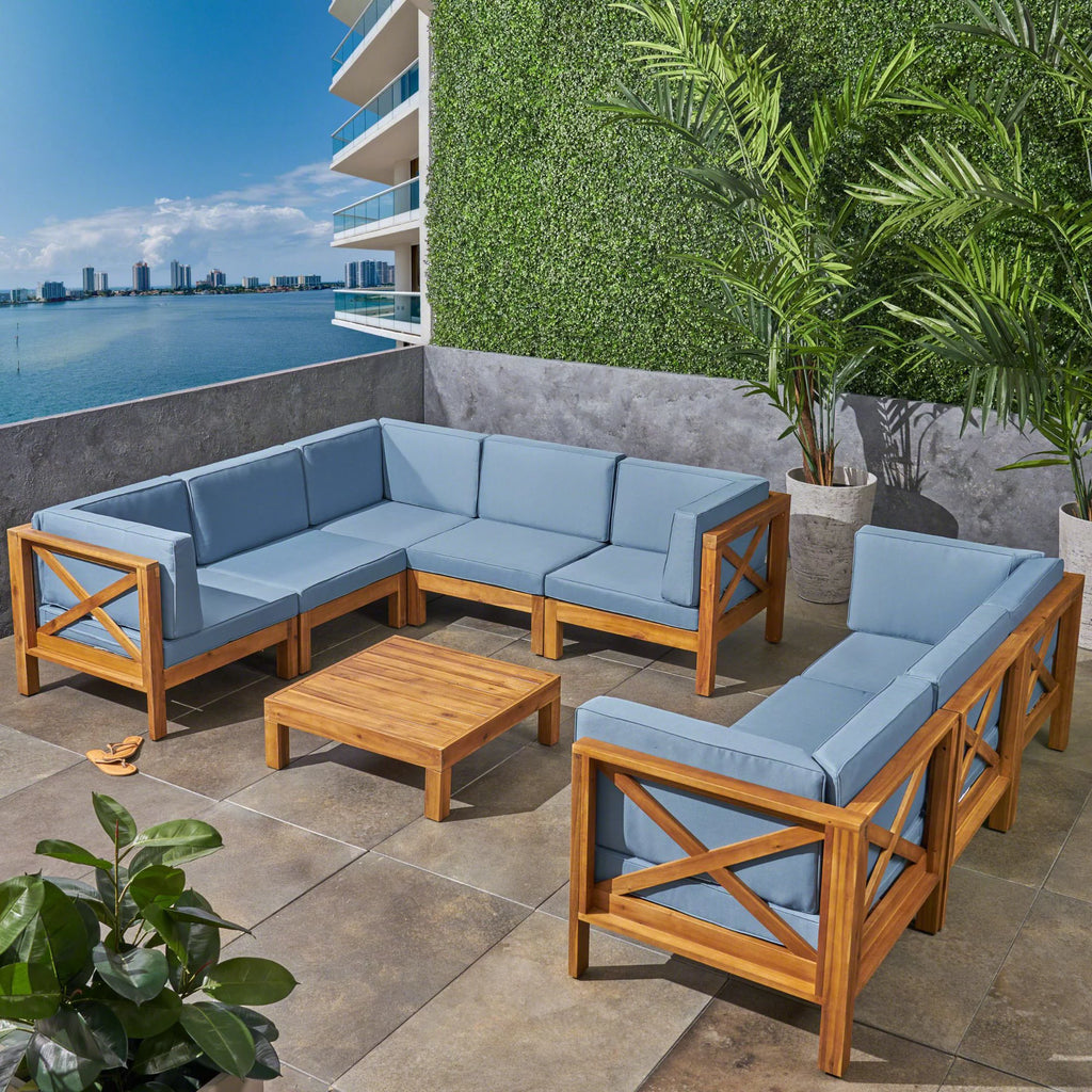 Teak Blue 8 Seater Wood Sectional Sofa Set with Coffee Table C129210
