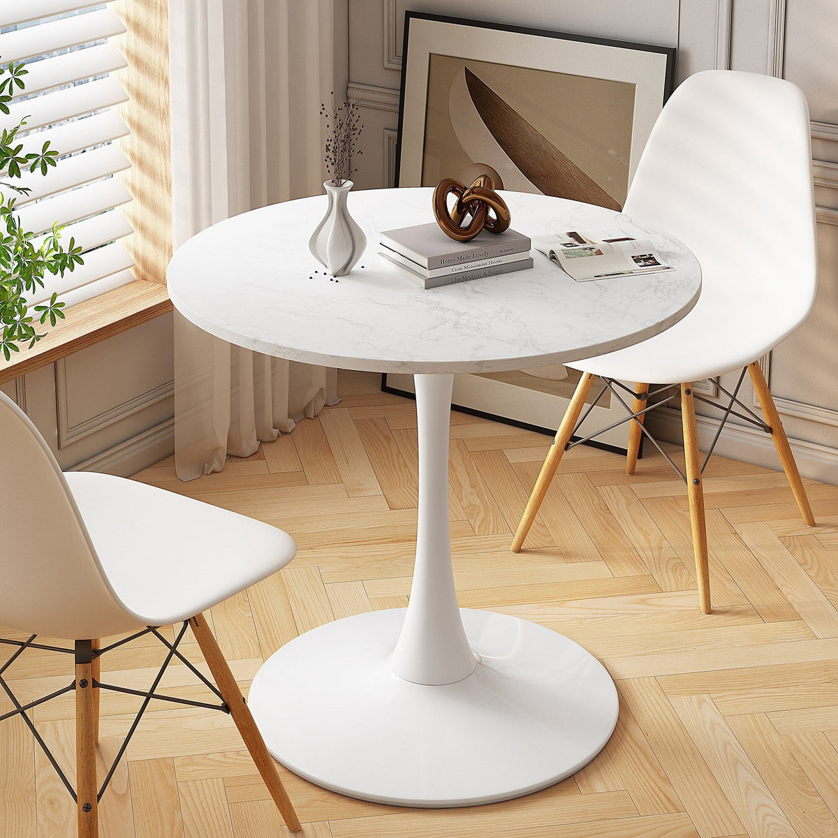 32" Round Marble White Dining Table with Metal Base R524