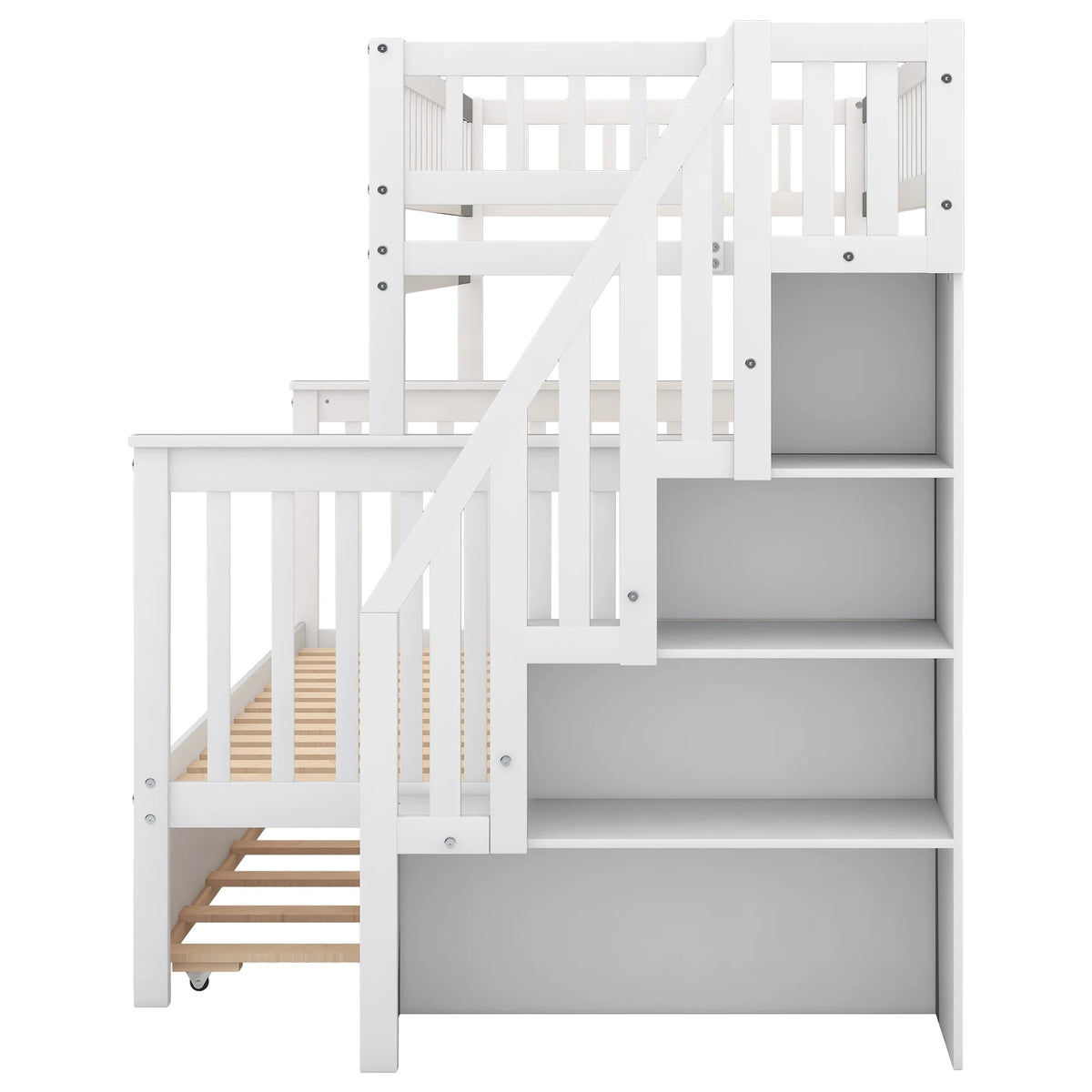 Twin Over Full Bunk Bed with Trundle and Stairs, White B7461