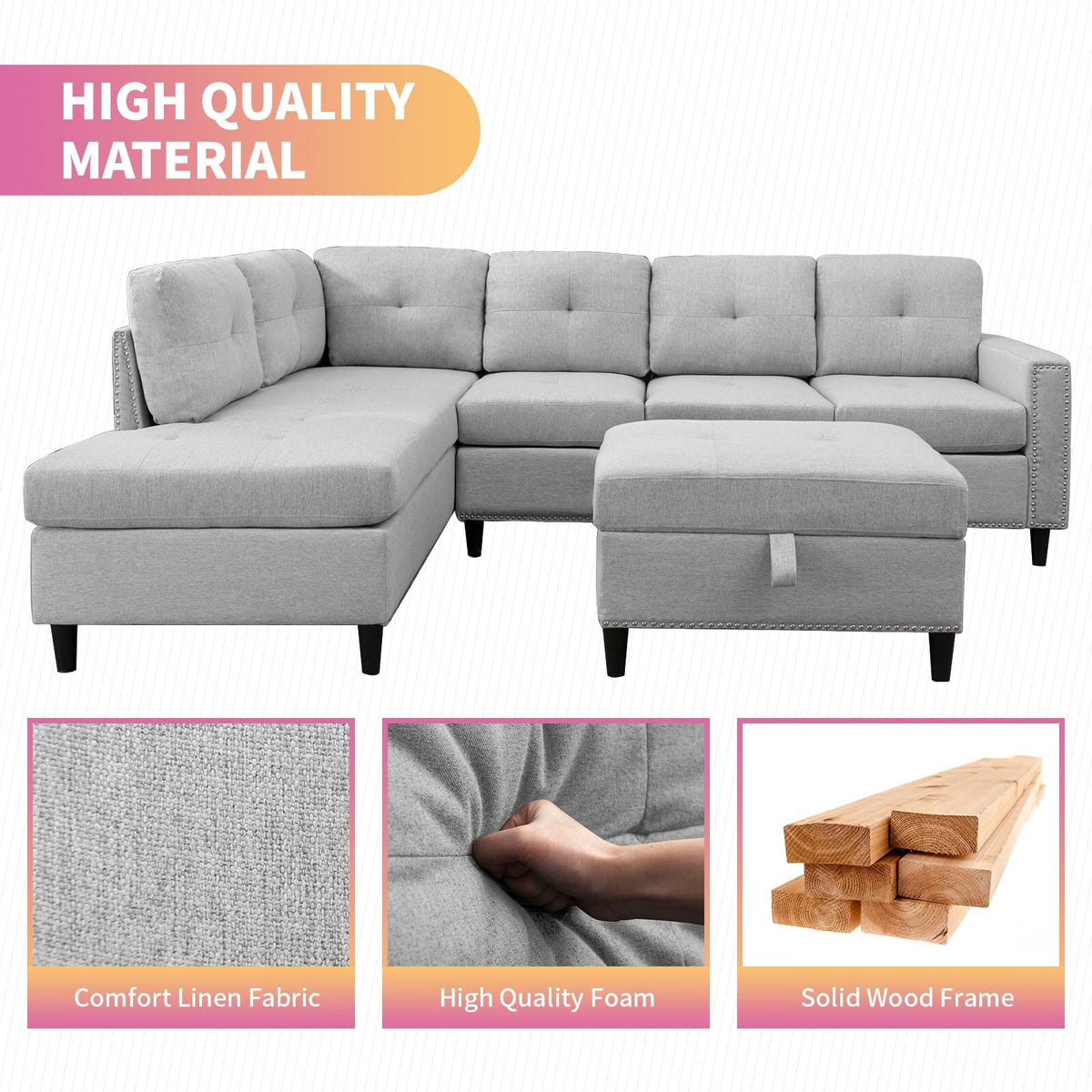 Light Grey L-Shaped Sectional Sofa with 2 Cup Holders and Storage Ottoman W843