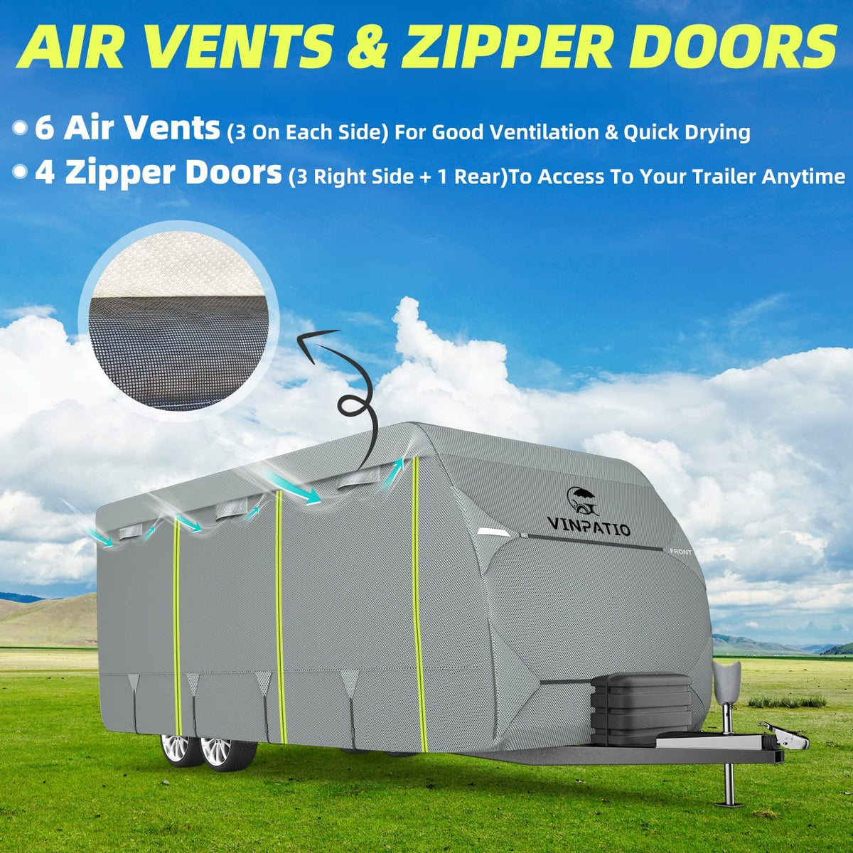 Travel Trailer Cover, 6 Layers Top RV Cover, Fits 27'-30' RV, with 1 Tongue Jack Cover, 2 Extra Straps, 6 Gutter Covers A163
