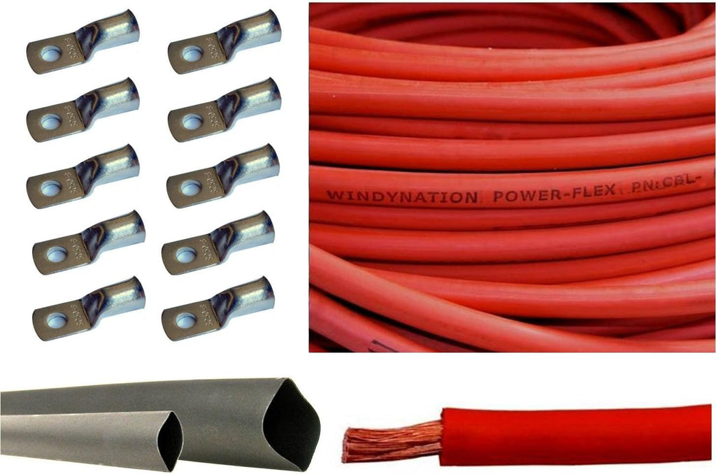 2 Gauge 5 Feet Red + 5 Feet Black Pure Copper Flexible Cable with 10pcs 3/8 Tinned Copper Lug Terminals and 3 Feet Heat Shrink Tubing P281940