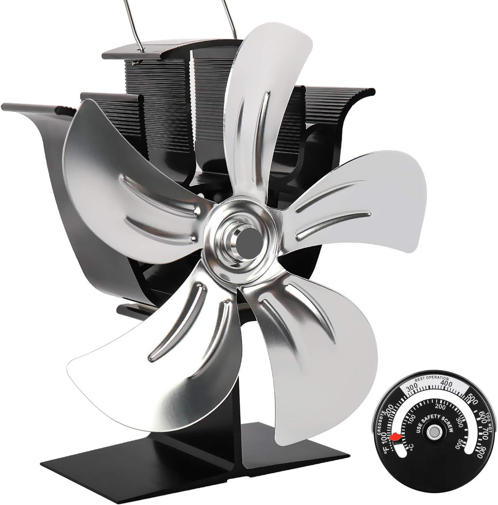 5 Blades Heat Powered Stove Fan with Magnetic Thermometer Aluminium Silver Pack of 2 J361897