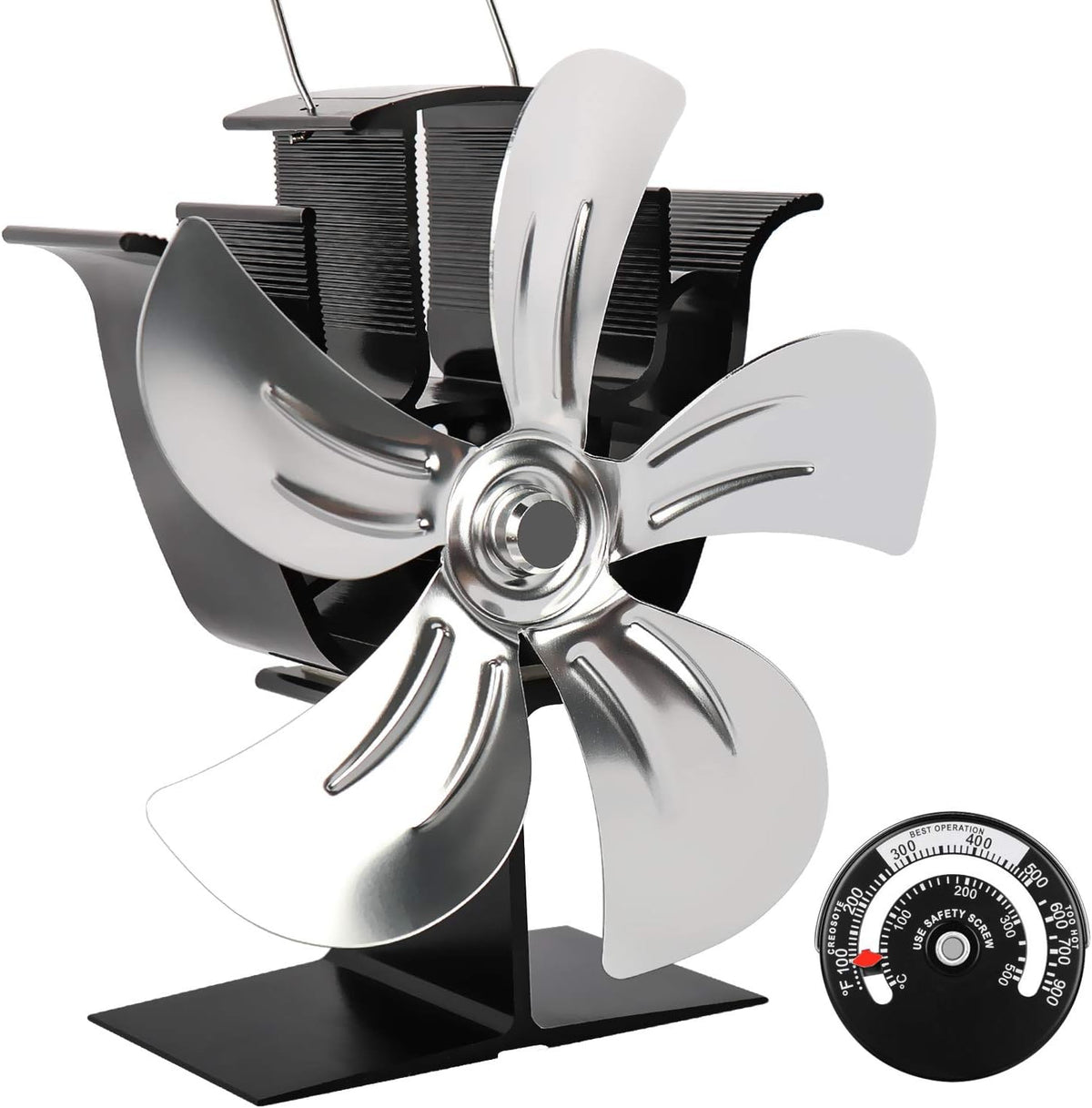5 Blades Heat Powered Stove Fan with Magnetic Thermometer Aluminium Silver Pack of 2 J361897