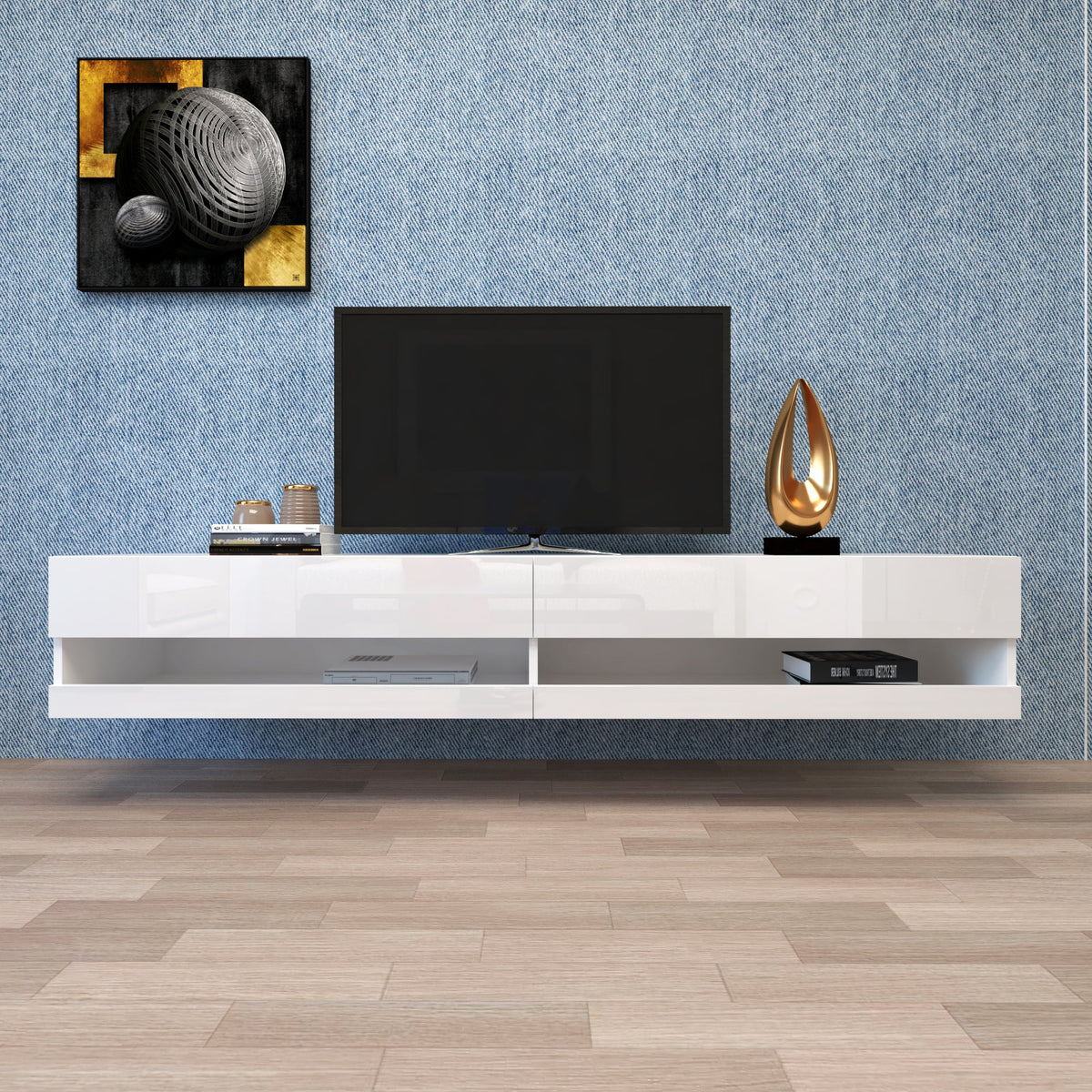 White Wall Mounted Floating TV Stand with 20 Color LEDs O21222