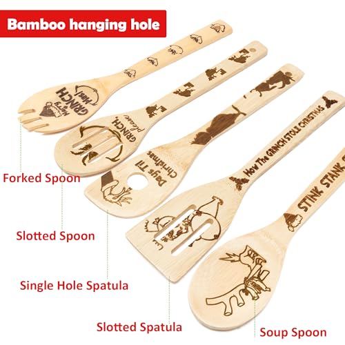Bamboo Spoons 5 Christmas Themed Kitchen Utensils Set C785