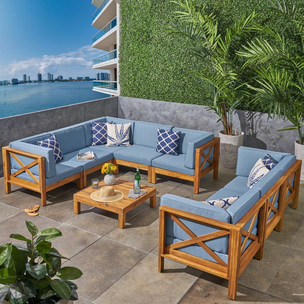 Teak Blue 8 Seater Wood Sectional Sofa Set with Coffee Table C129210