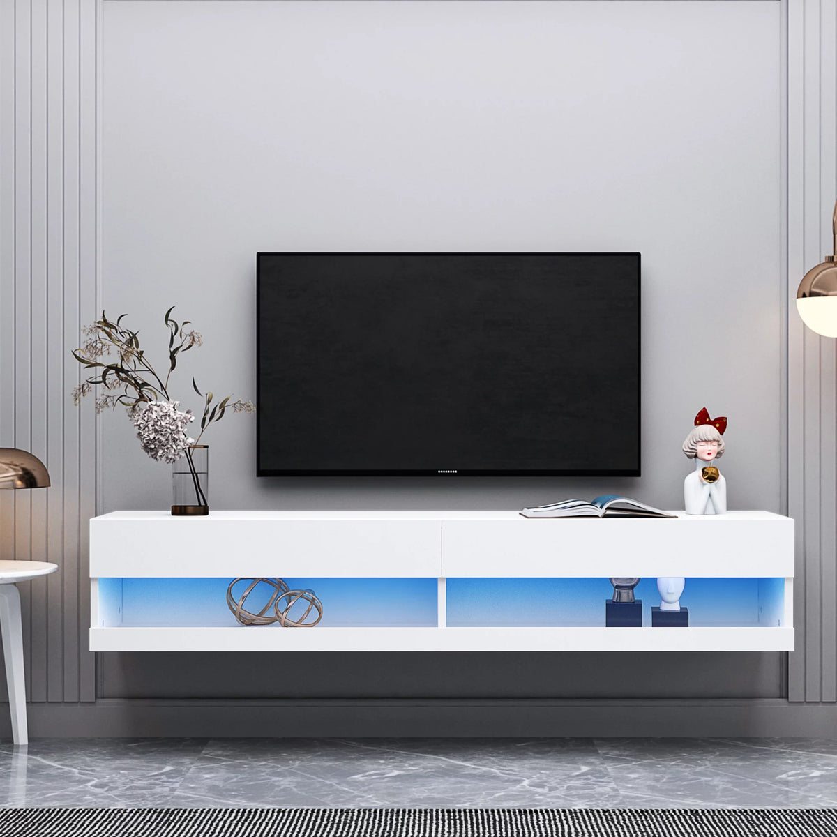White Wall Mounted Floating TV Stand with 20 Color LEDs O21222