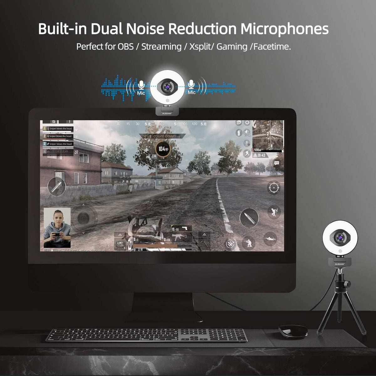FHD 1080p 60fps Webcam with Ring Light, 75° FOV, Dual Microphones, External Tripod F78093