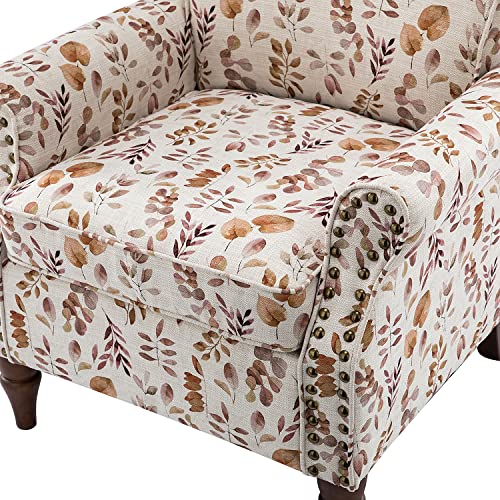 Blue Floral Pattern Upholstered Accent Chair with Wood Legs X930000