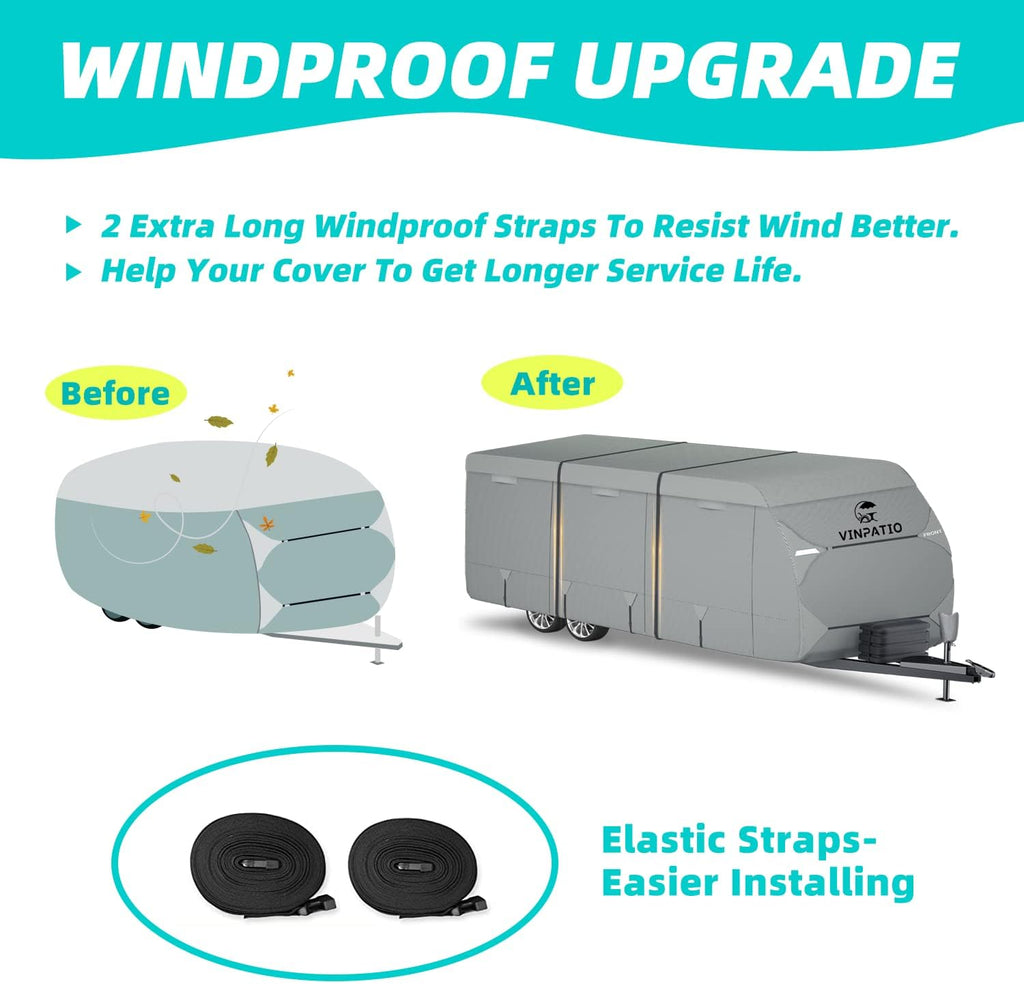 Travel Trailer Cover, 6 Layers Top RV Cover, Fits 27'-30' RV, with 1 Tongue Jack Cover, 2 Extra Straps, 6 Gutter Covers A163