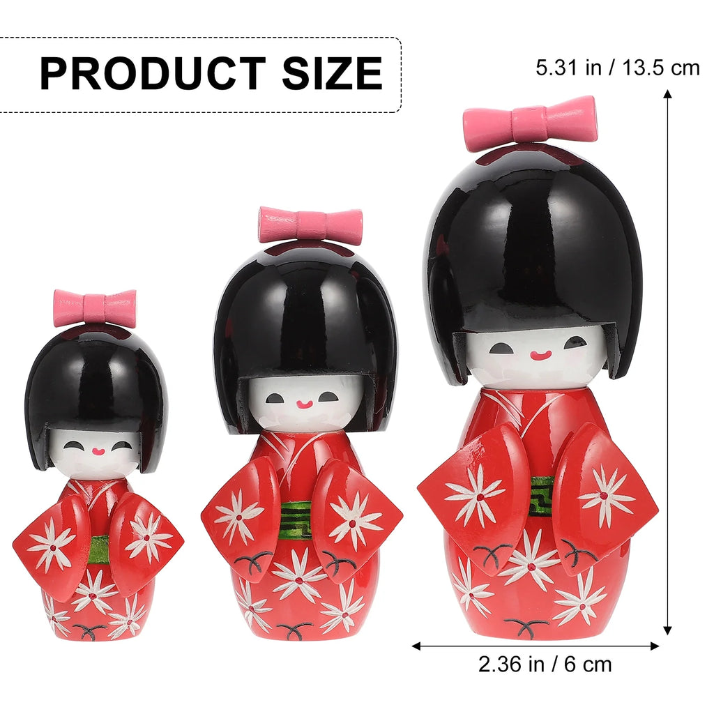 3 Pcs Wooden Japanese Ornament Figurines V134557