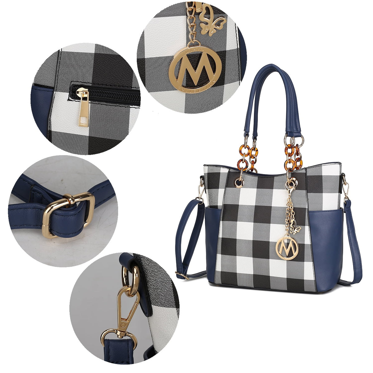 Black Checkered Shoulder Bag & Matching Wallet 2-Piece Set V625