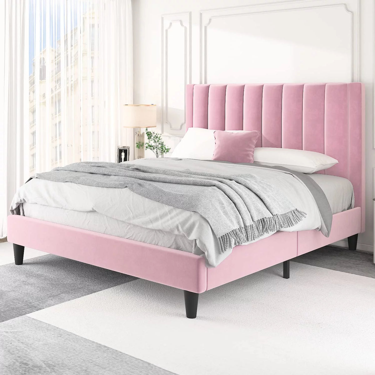 Full Size Platform Bed Frame with Velvet Headboard Q643501