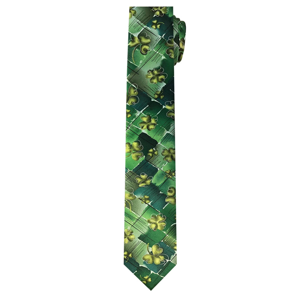 Green Shamrocks Clovers Black Diamond Irish Plant Person Art Extra Long Neck Tie A513683