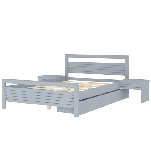 Queen Size Gray Wooden Platform Bed with 2 Storage Drawers and 2 Bedside Tables N9370
