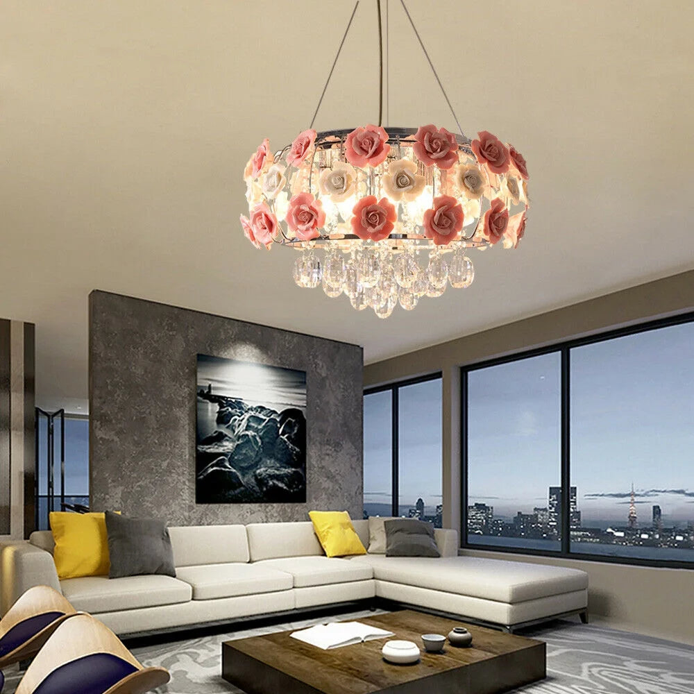 Pink Rose Flower Crystal Pendant Ceiling Lamp V20681