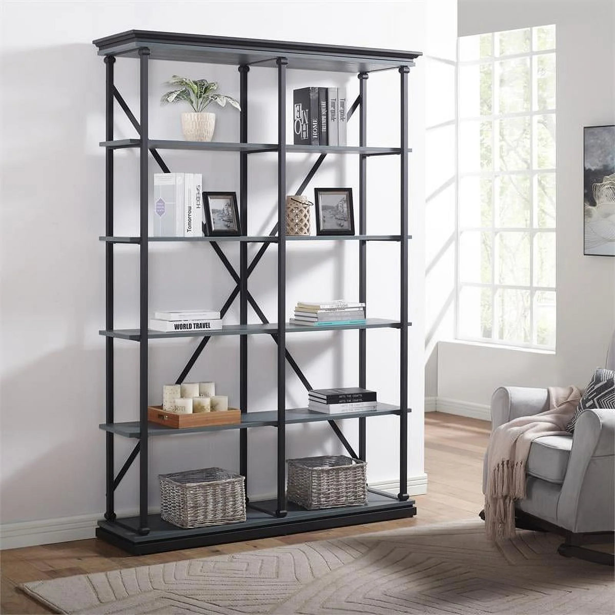 Antique Blue 58-Inch Industrial Metal Bookcase J696913