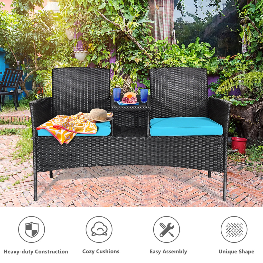 Rattan Wicker Patio Conversation Set with Table Turquoise Cushion D310645