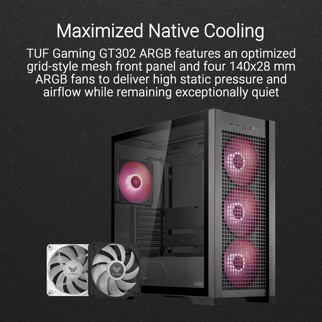 Black ATX Mid-Tower PC Case with Four 140 x 28 mm ARGB Fans and Interchangeable Tempered Glass or Mesh Side Panels C21001