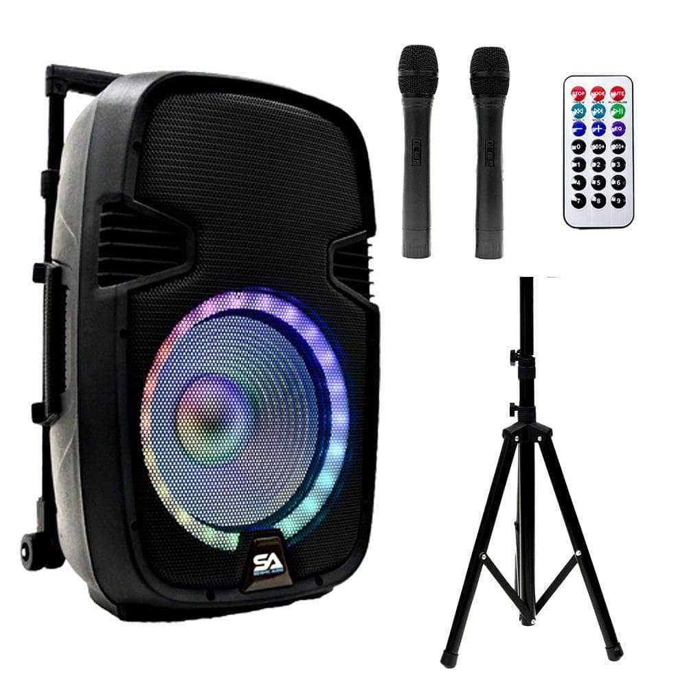 Powered 10 inch DJ Karaoke Speaker with Stand, Rechargeable Battery, Bluetooth, LED Lights, 2 Wireless Microphones B232406