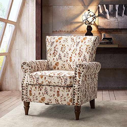 Blue Floral Pattern Upholstered Accent Chair with Wood Legs X930000