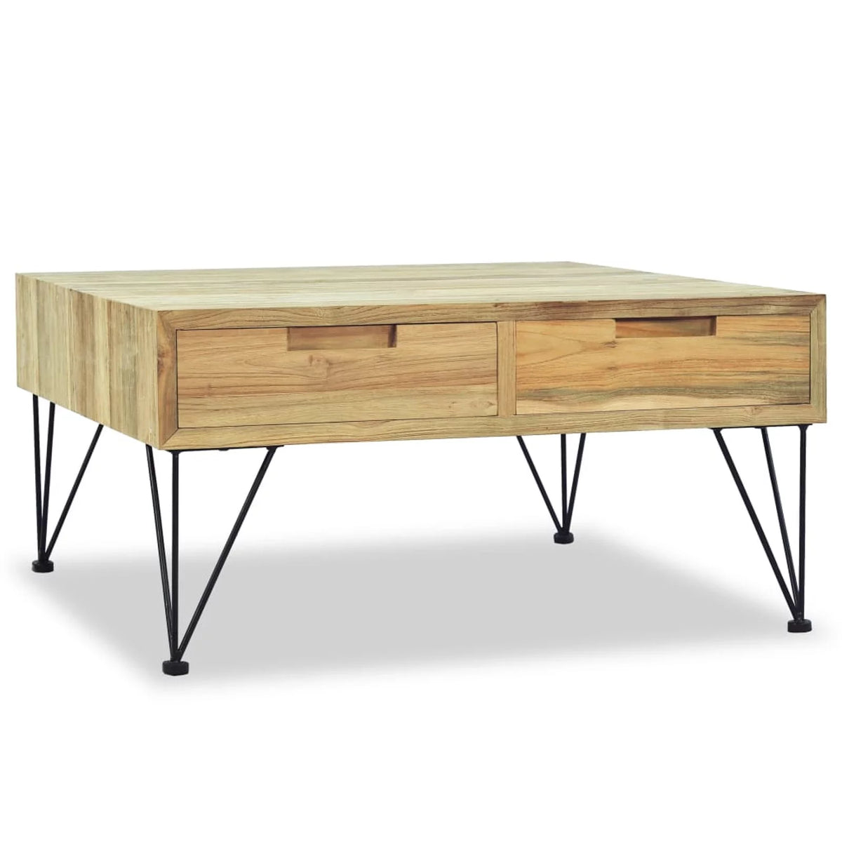 Coffee Table with 2 Storage Drawers Teak Wood Wrought Iron Legs U64634