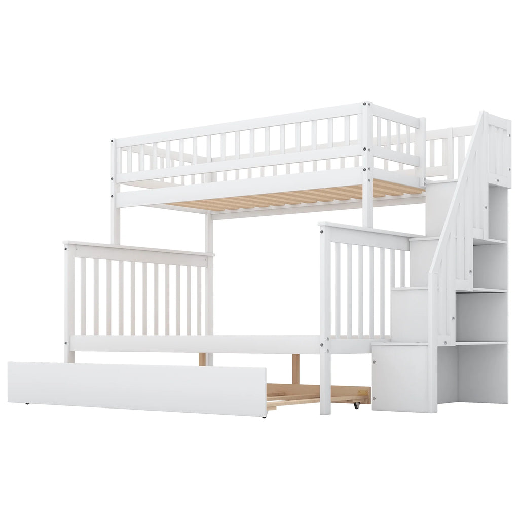 Twin Over Full Bunk Bed with Trundle and Stairs, White B7461