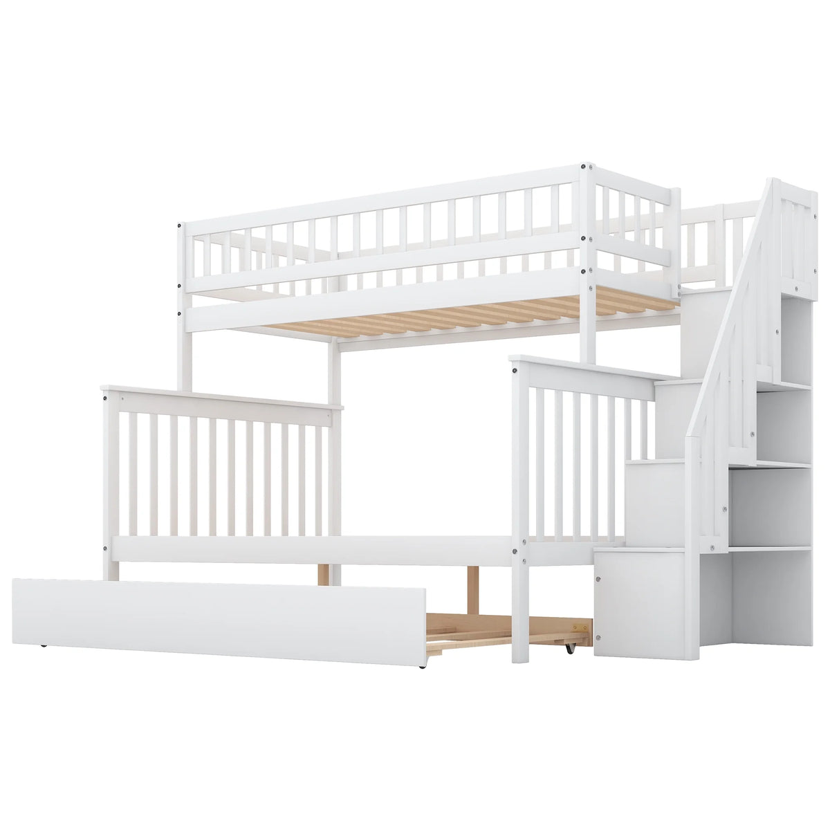 Twin Over Full Bunk Bed with Trundle and Stairs, White B7461