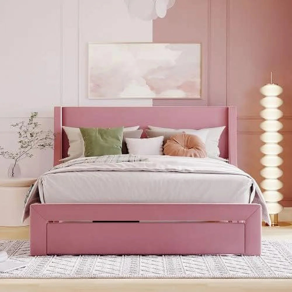 Queen Size Velvet Upholstered Storage Bed Frame with Drawer N339