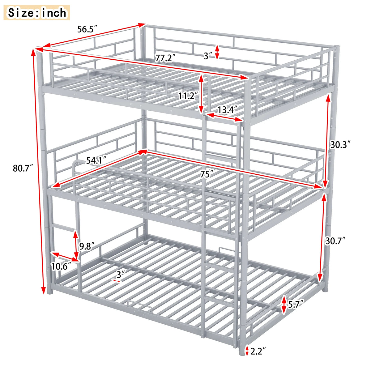 Silver Full Size Metal Triple Bunk Bed P524751