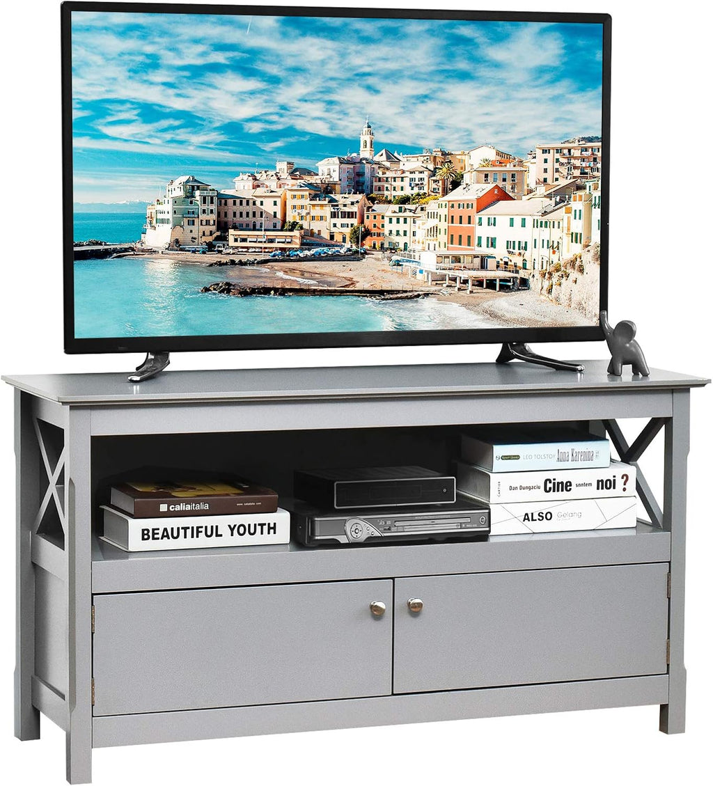 White Wooden TV Stand with 2 Doors & Shelf W279705