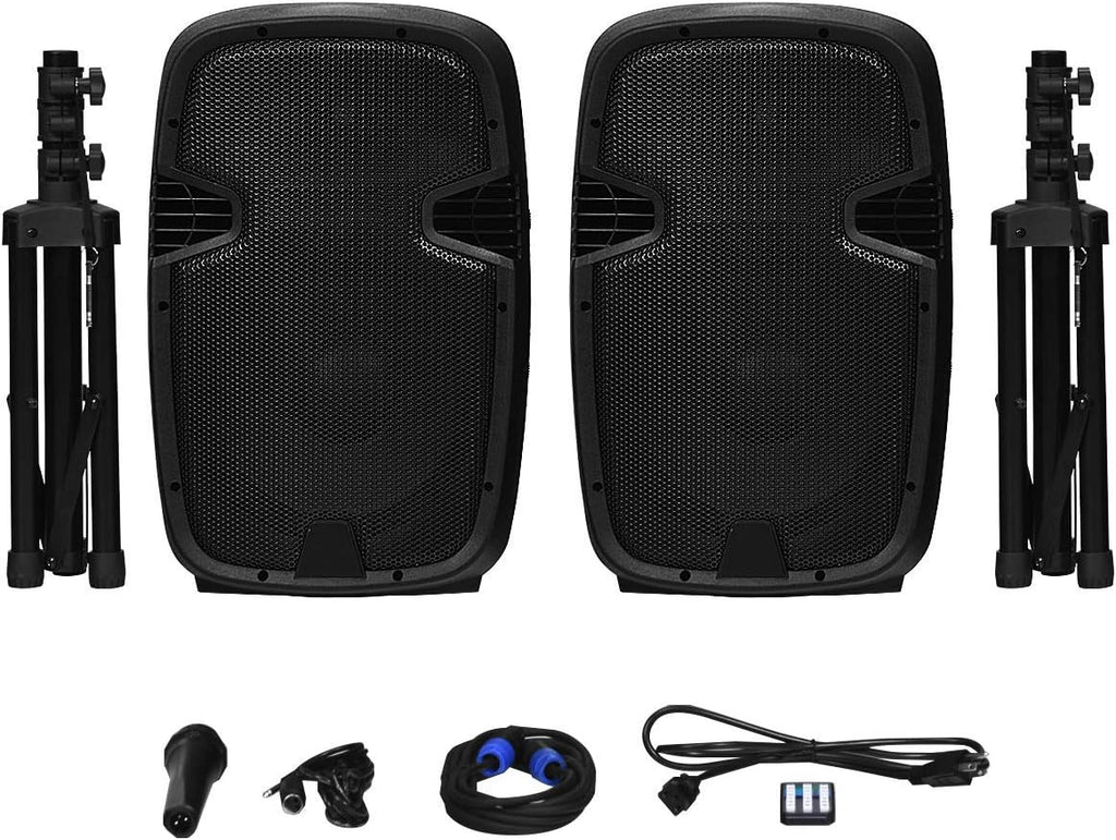 12 1600W Portable Dual Passive Active Speaker with 2 Speaker Stands H43886