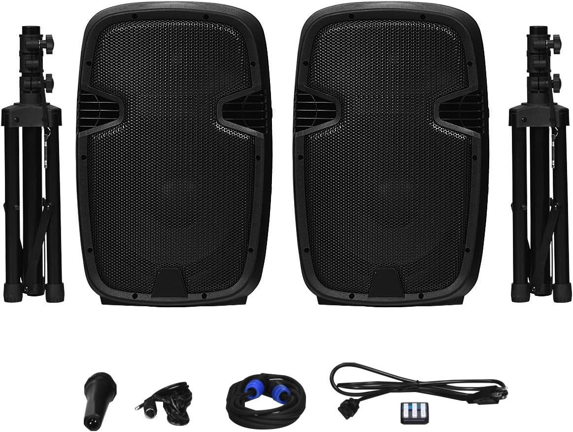 12 1600W Portable Dual Passive Active Speaker with 2 Speaker Stands H43886
