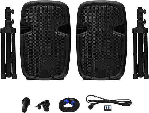 12 1600W Portable Dual Passive Active Speaker with 2 Speaker Stands H43886
