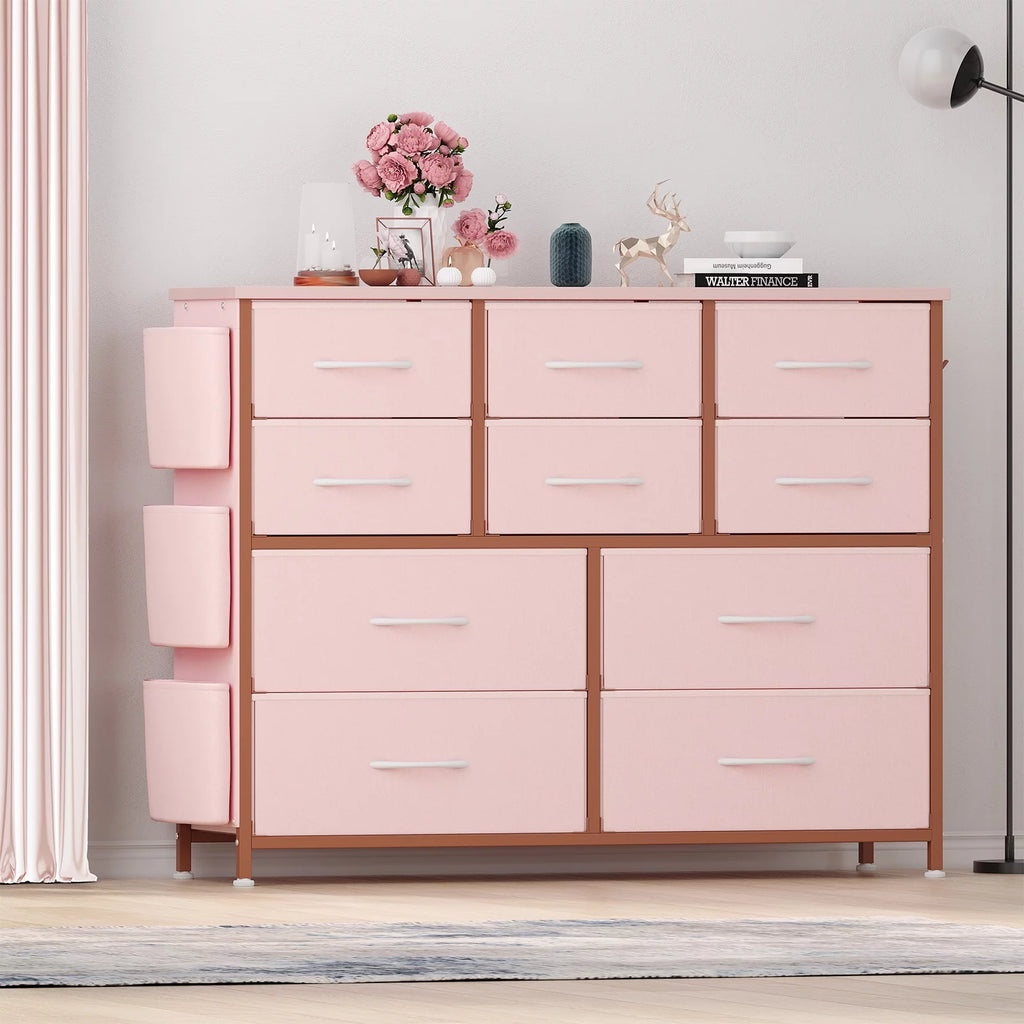 Pink 10 Drawer Fabric Dresser with Wood Tabletop R561